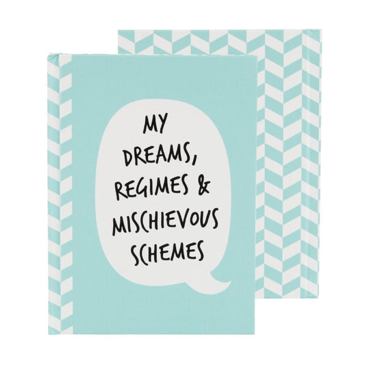 Green A6 hard cover notebook featuring bubble slogan My Dreams, Regimes & Mischeivious Scheme