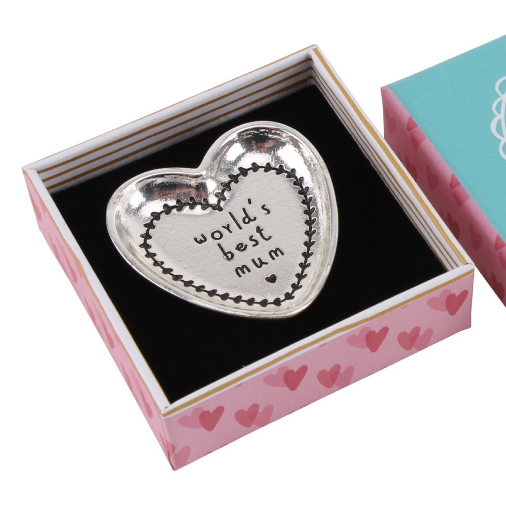 Little silver ring dish featuring World's Best Mum slogan.
