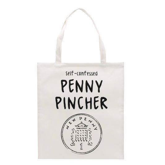 Canvas shopping bag with a picture of a penny and the slogan Self Confessed Pend Pincher