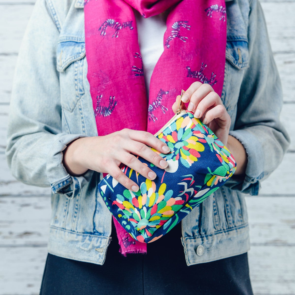 Vibrant dahlia retro print make up bag