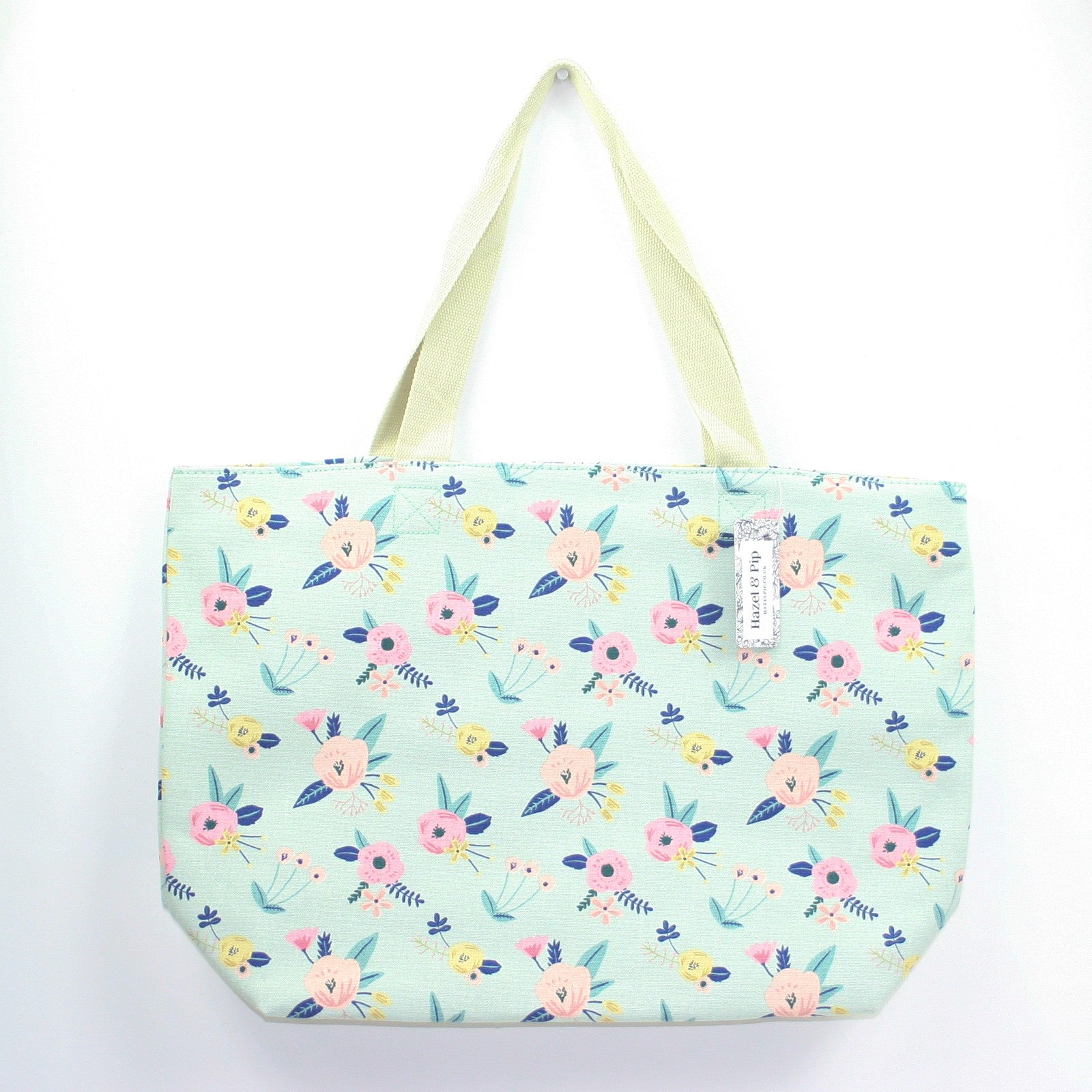 Large fun pastel green floral print canvas bag