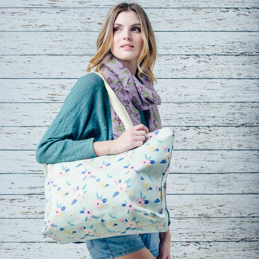 Large fun pastel green floral print canvas bag