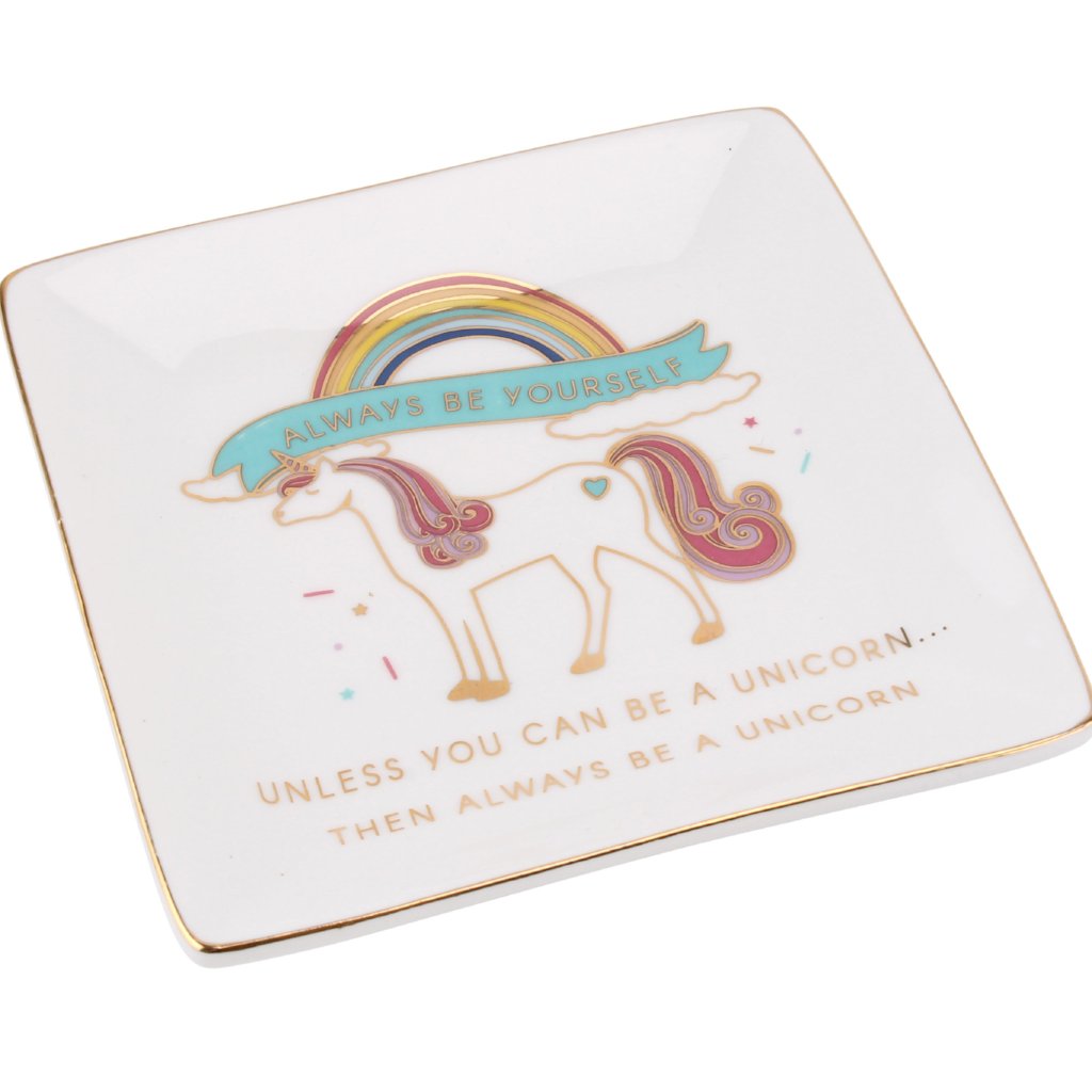 White square trinket dish featuring unicorn design.  Slogan: Alway be yourself, unless you can be a unicorn, then be a unicorn 