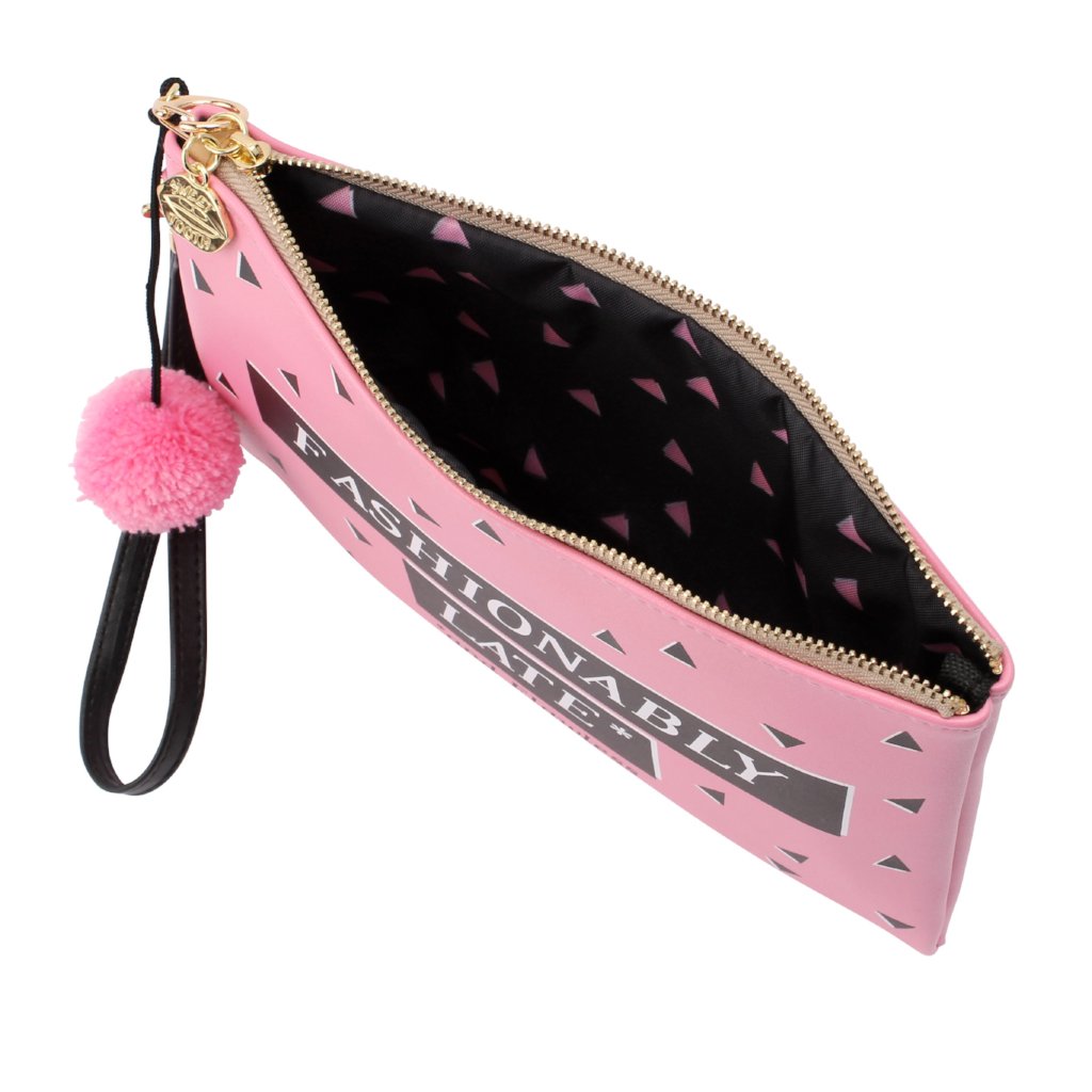 Pink Fashionably Late Make Up Bag with pom pom detail