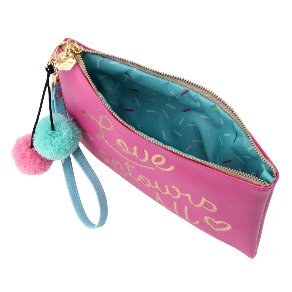 Pink Love Contours All Make Up Bag with pom pom detail