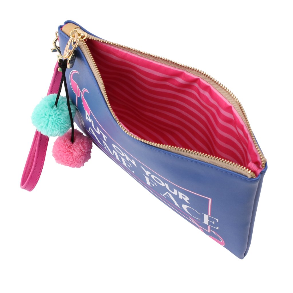 Blue Put on Your Game Face Make Up Bag with pom pom detail