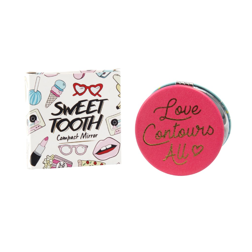 Pink slogan compact mirror featuring the phrase Love Contours All
