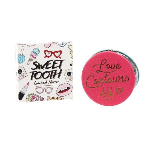 Pink slogan compact mirror featuring the phrase Love Contours All