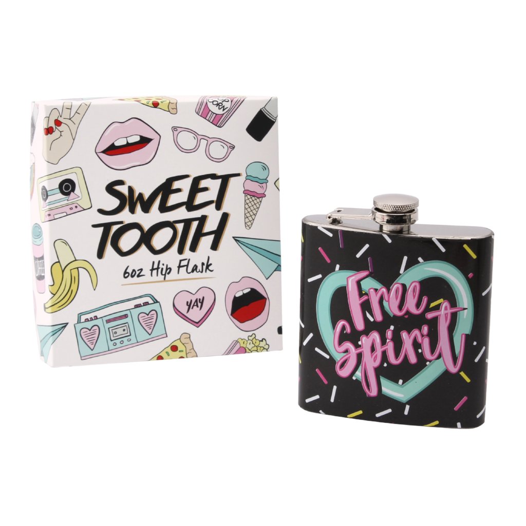 Black fun hip flask with slogan Free Spirit 