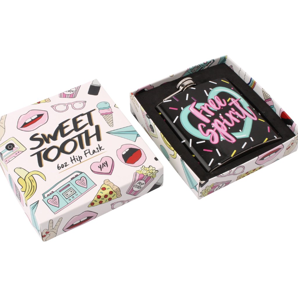 Black fun hip flask with slogan Free Spirit 