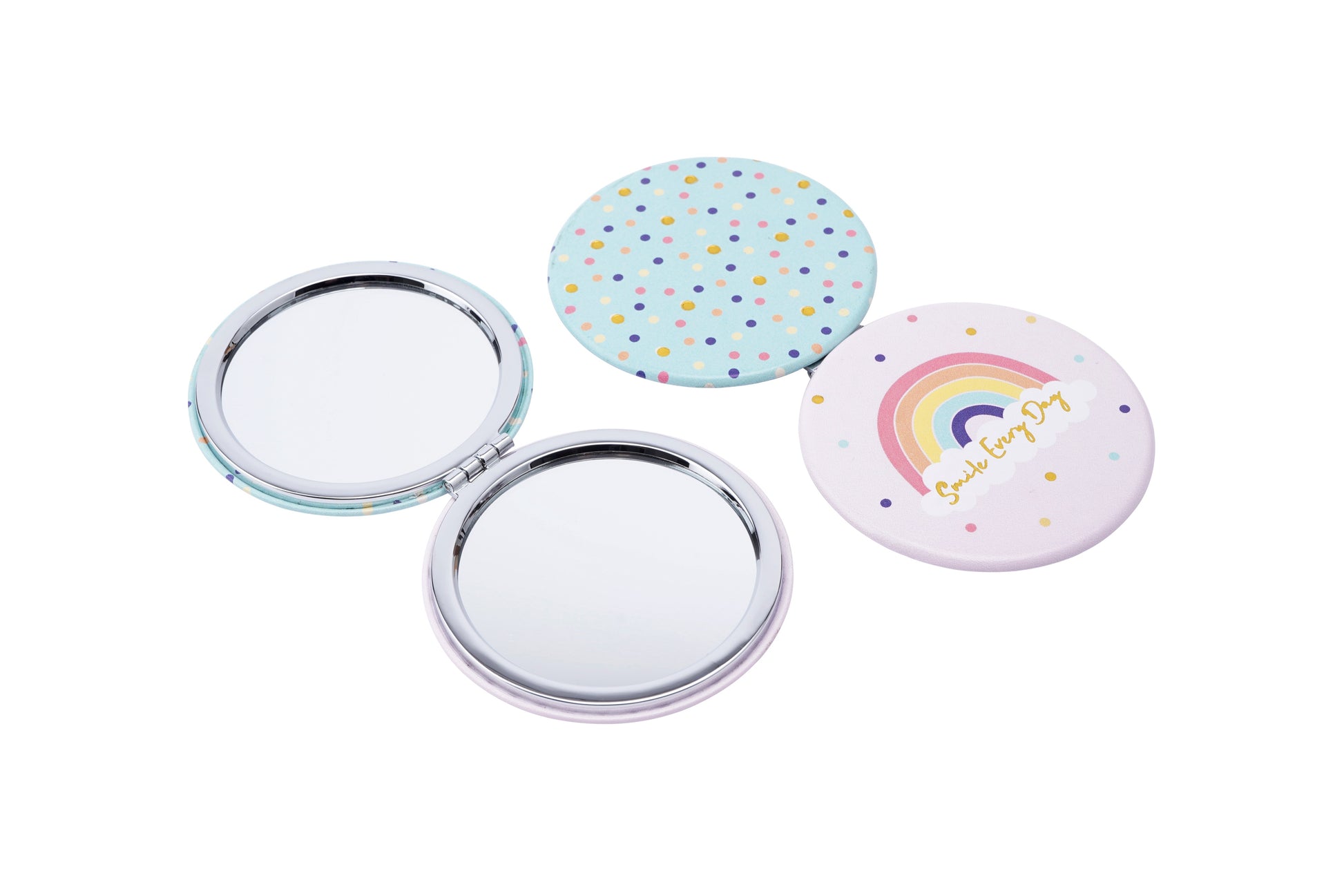 Pink and blue compact mirror, with pretty dots and rainbow design featuring the slogan: Smile Every Day