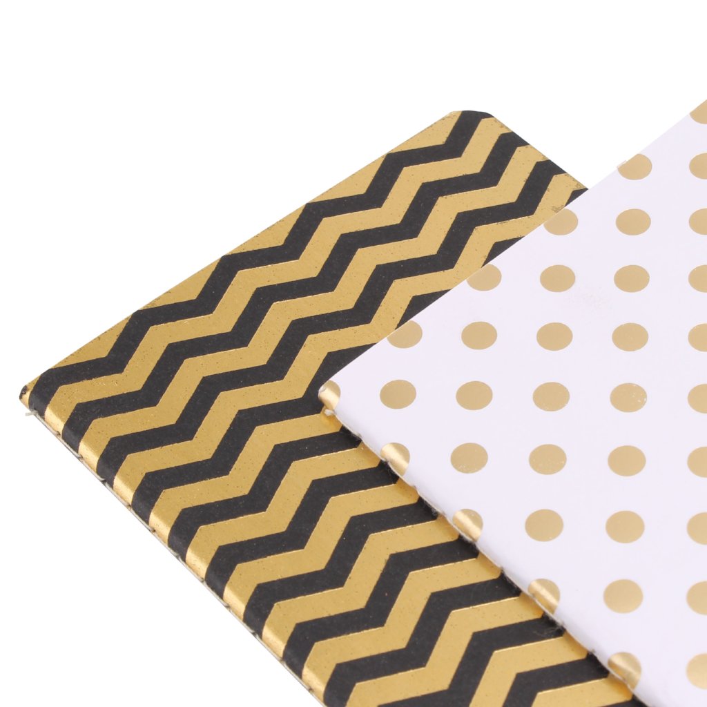 2 x A6 gold foil notebooks in zig zag & spot designs