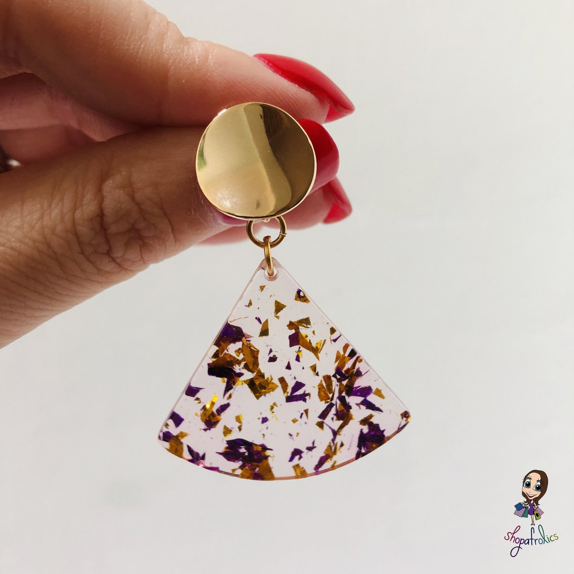 A gold and purple confetti effect, in a clear fan adds the statement to these drop earrings