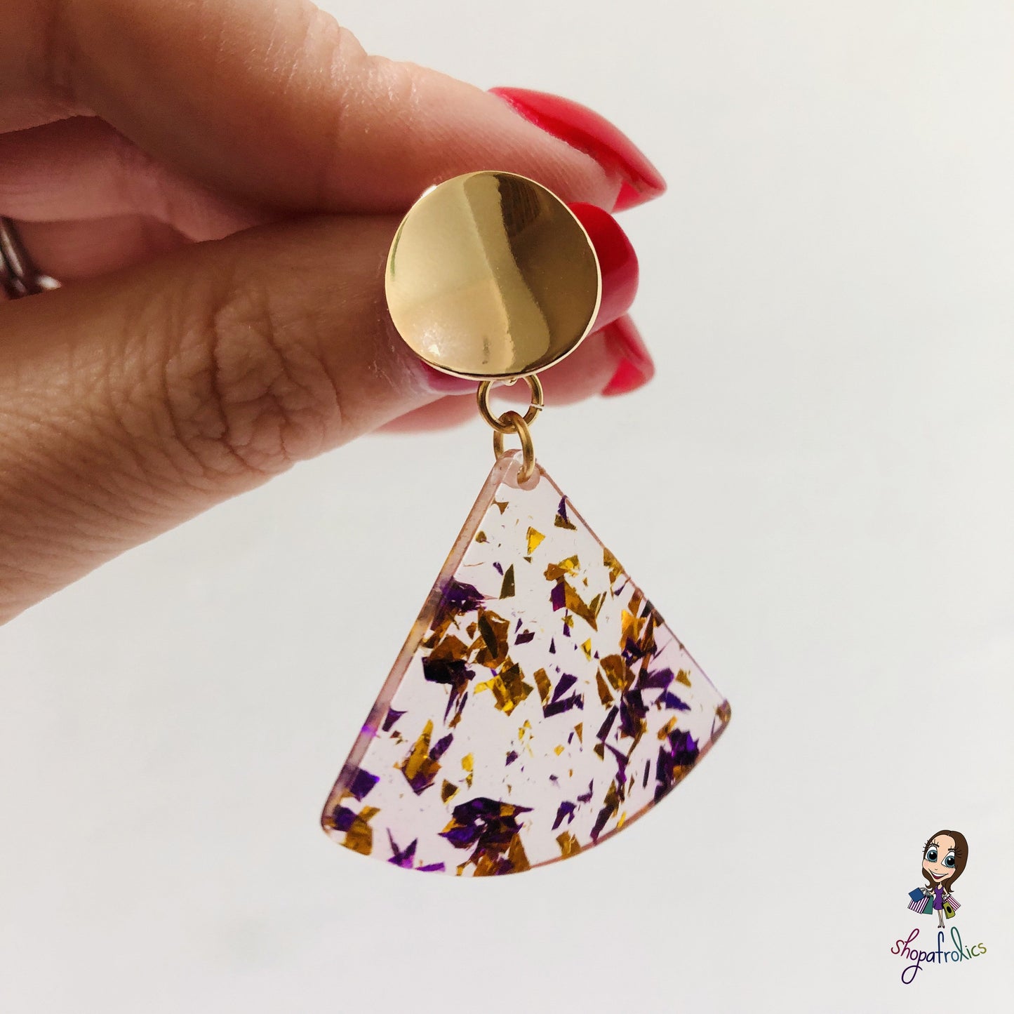 A gold and purple confetti effect, in a clear fan adds the statement to these drop earrings