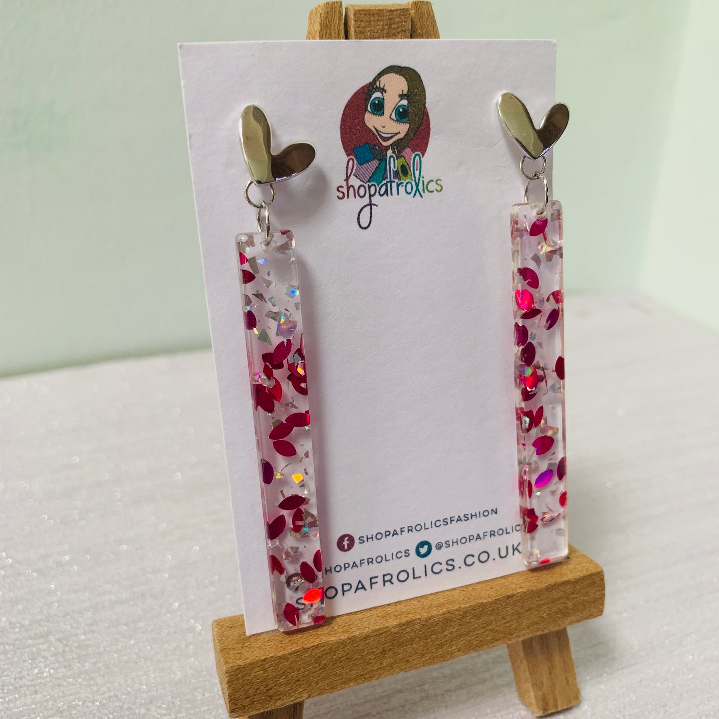 Heart with confetti rectangles pink and silver earrings