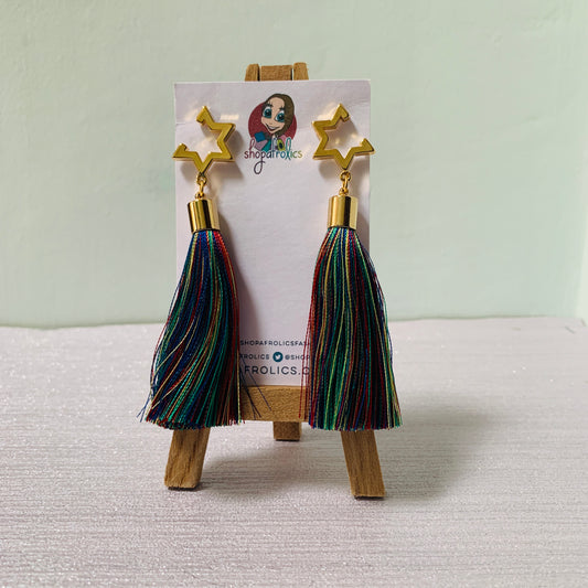Open star and vibrant rainbow tassel earrings