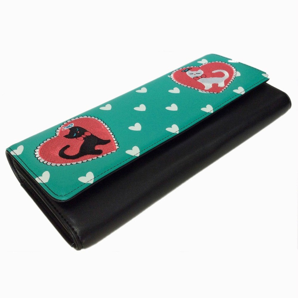 Pretty green clutch bag with cat motif and white heart detail