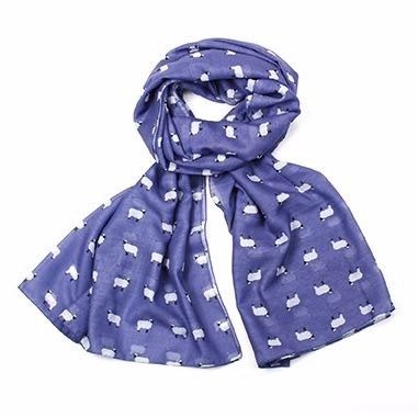 Lilac sheep print scarf, finished with a rolled edge.
