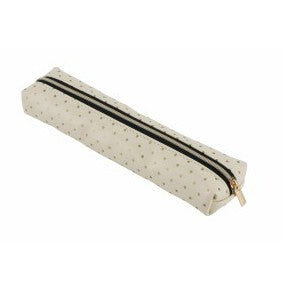 Cream make up brush bag with gold polka dot design.