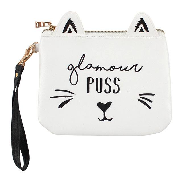 White cat make up pouch with phrase Glamour Puss