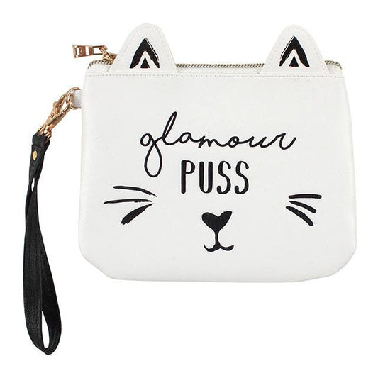 White cat make up pouch with phrase Glamour Puss