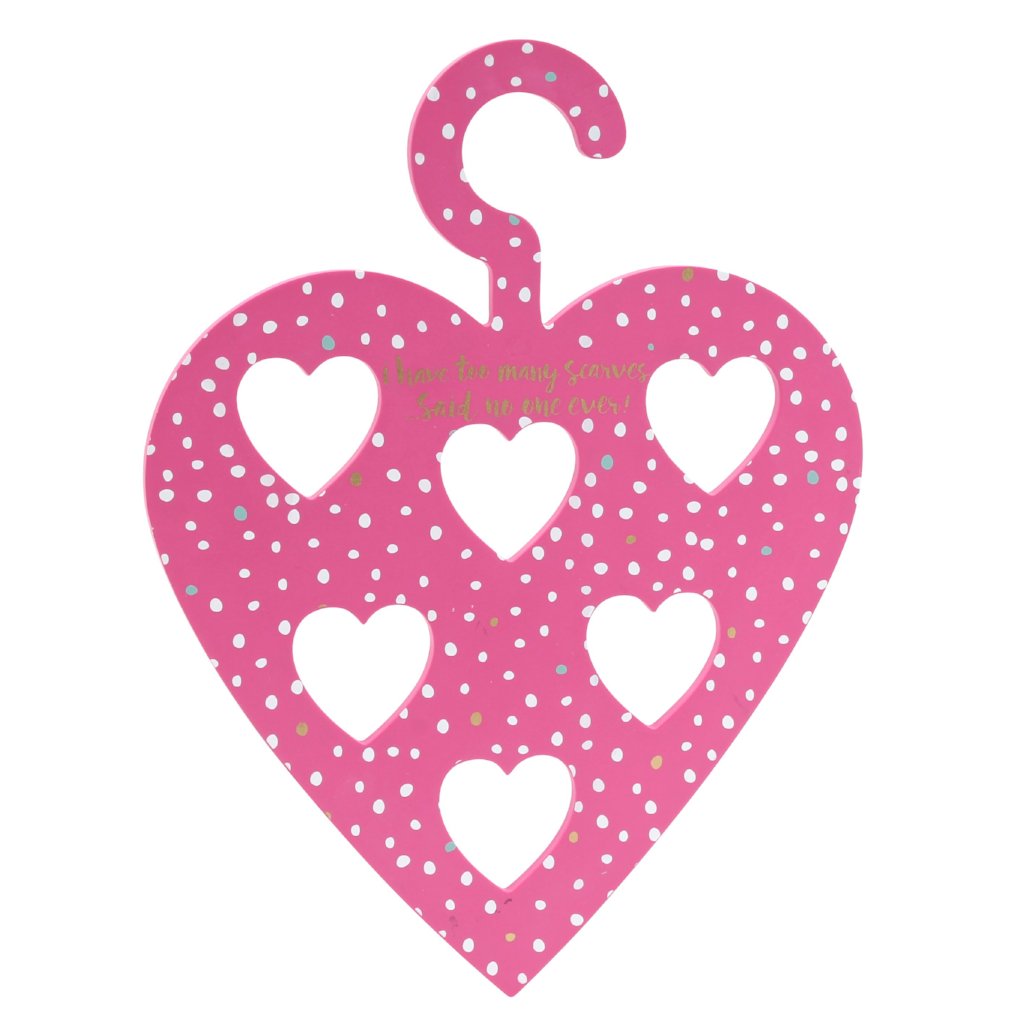 Pink wooden heart scarf hanger featuring the slogan I have too many scarves... said no one ever