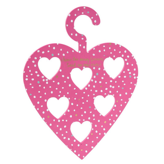 Pink wooden heart scarf hanger featuring the slogan I have too many scarves... said no one ever