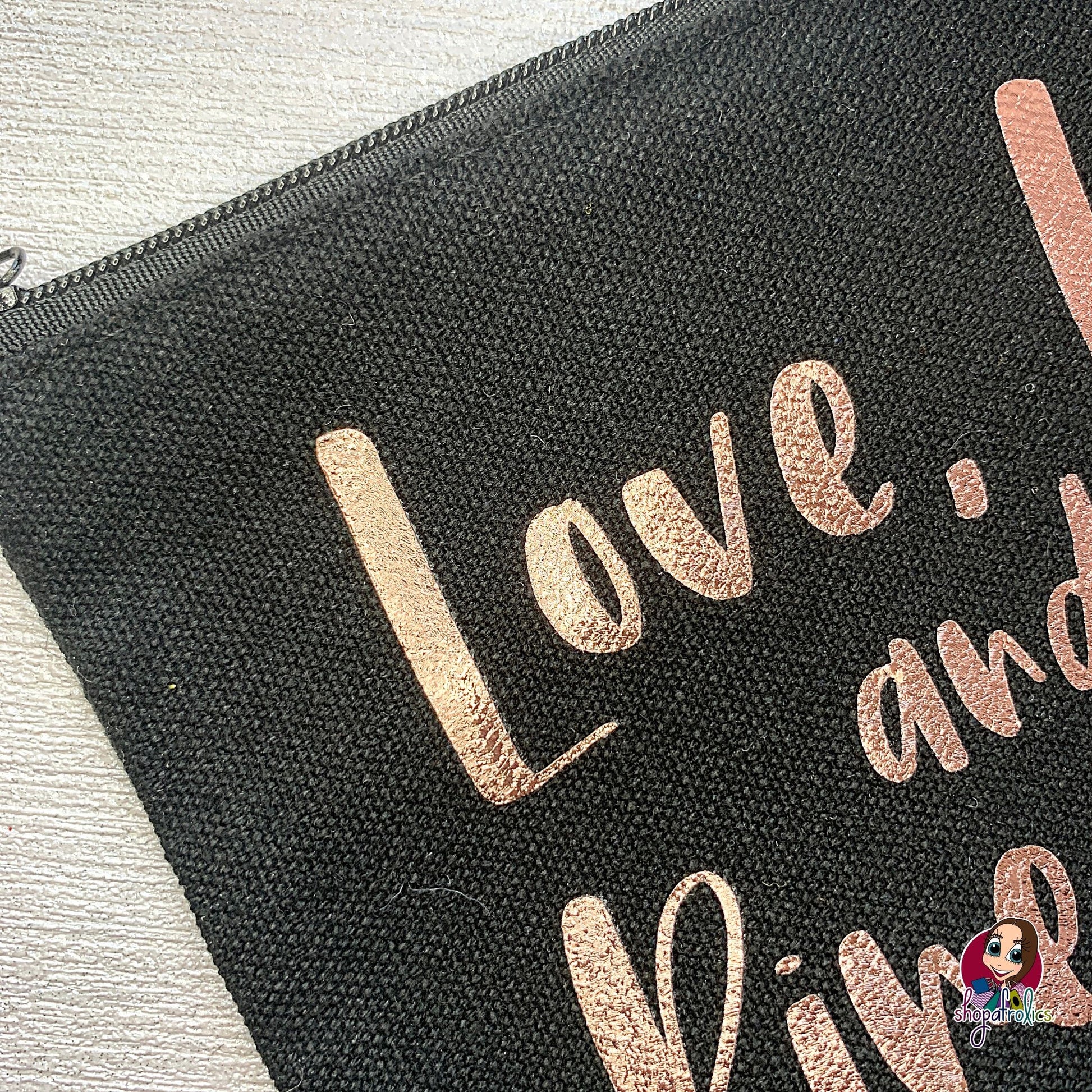 Close up of lettering on pineapple cosmetic bag