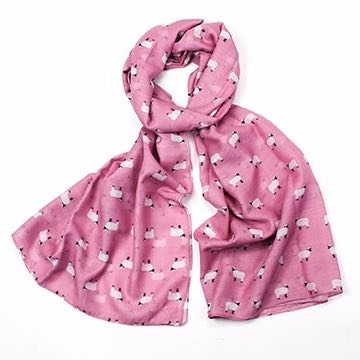 Pink sheep print scarf, finished with a rolled edge.