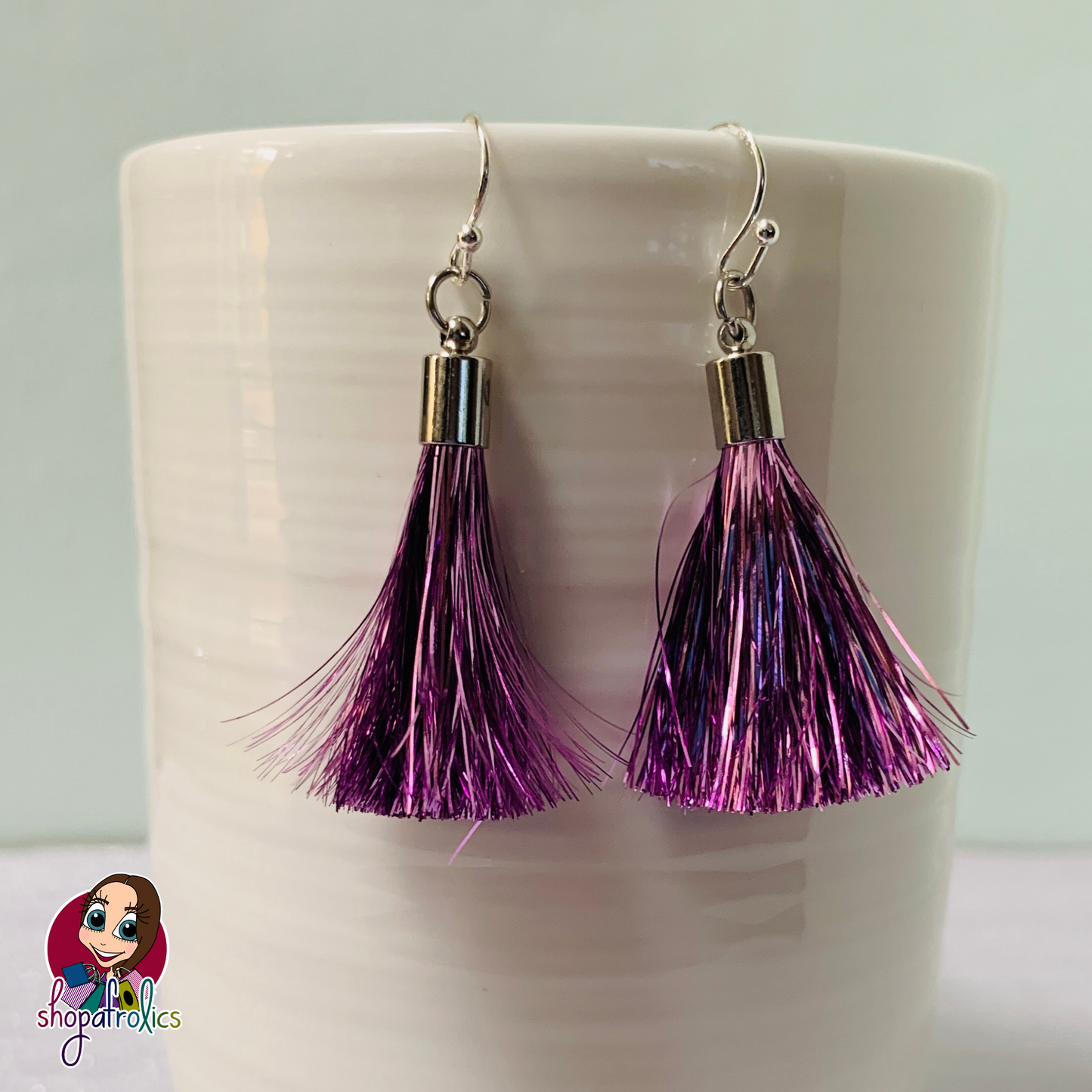 Bright pink tinsel tassel earrings