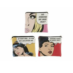 Vibrant colour coin purse with fun pop art design and shopping slogans 