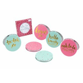 Brightly coloured compact mirror with choice of slogans