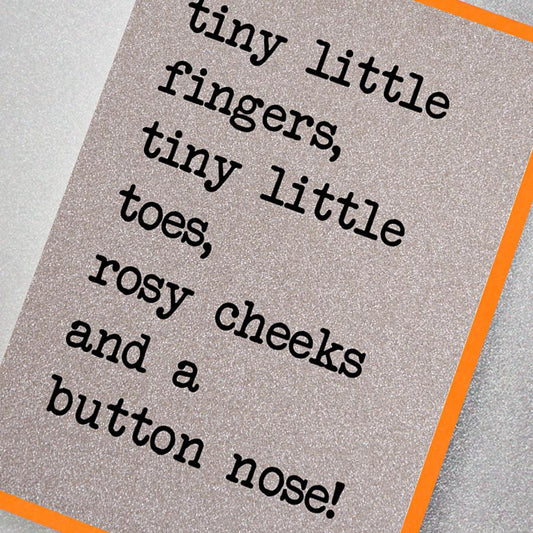 New baby card in silver glitter with tiny fingers slogan 