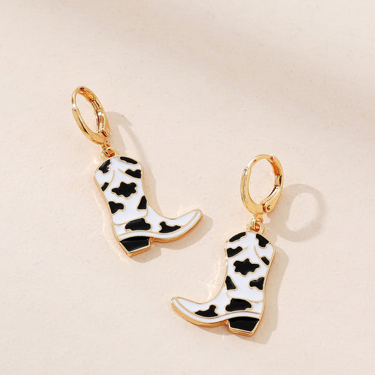 Cow print cowboy boots drop earrings
