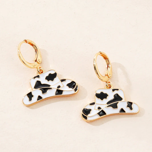 Cow print cowboy hat drop earrings 
