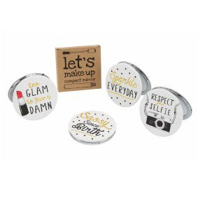 White fabulous let's make up compact mirrors with choice of glam, sassy, selfie or sparkle slogan