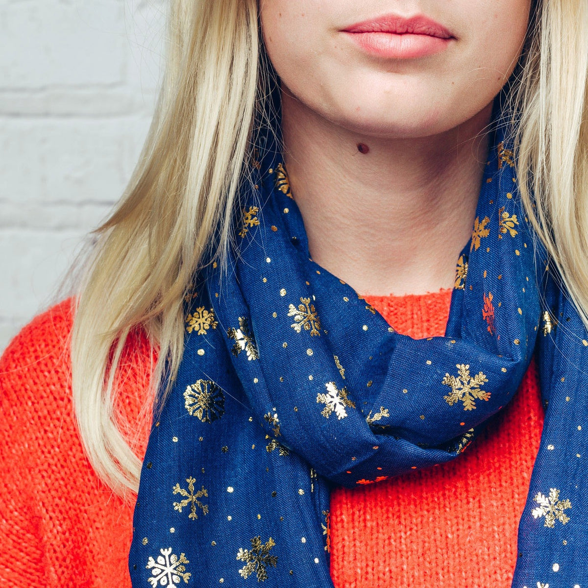 Gorgeous blue scarf with gold foil snowflake detail