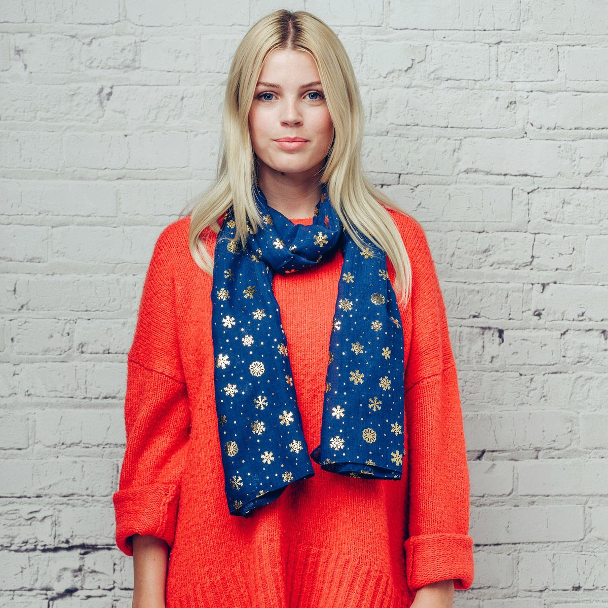 Gorgeous blue scarf with gold foil snowflake detail