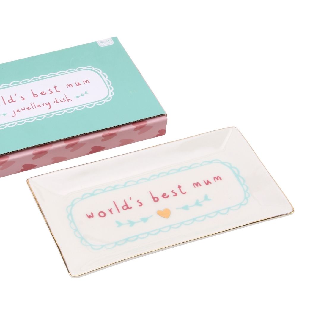 White rectangle trinket dish featuring slogan: World's Best Mum