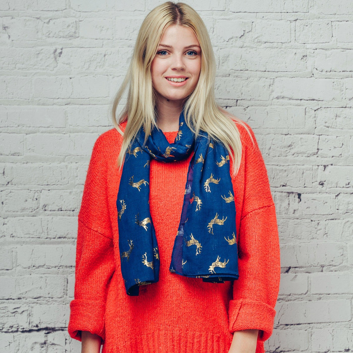 Gorgeous blue scarf with gold foil reindeer / stag detail