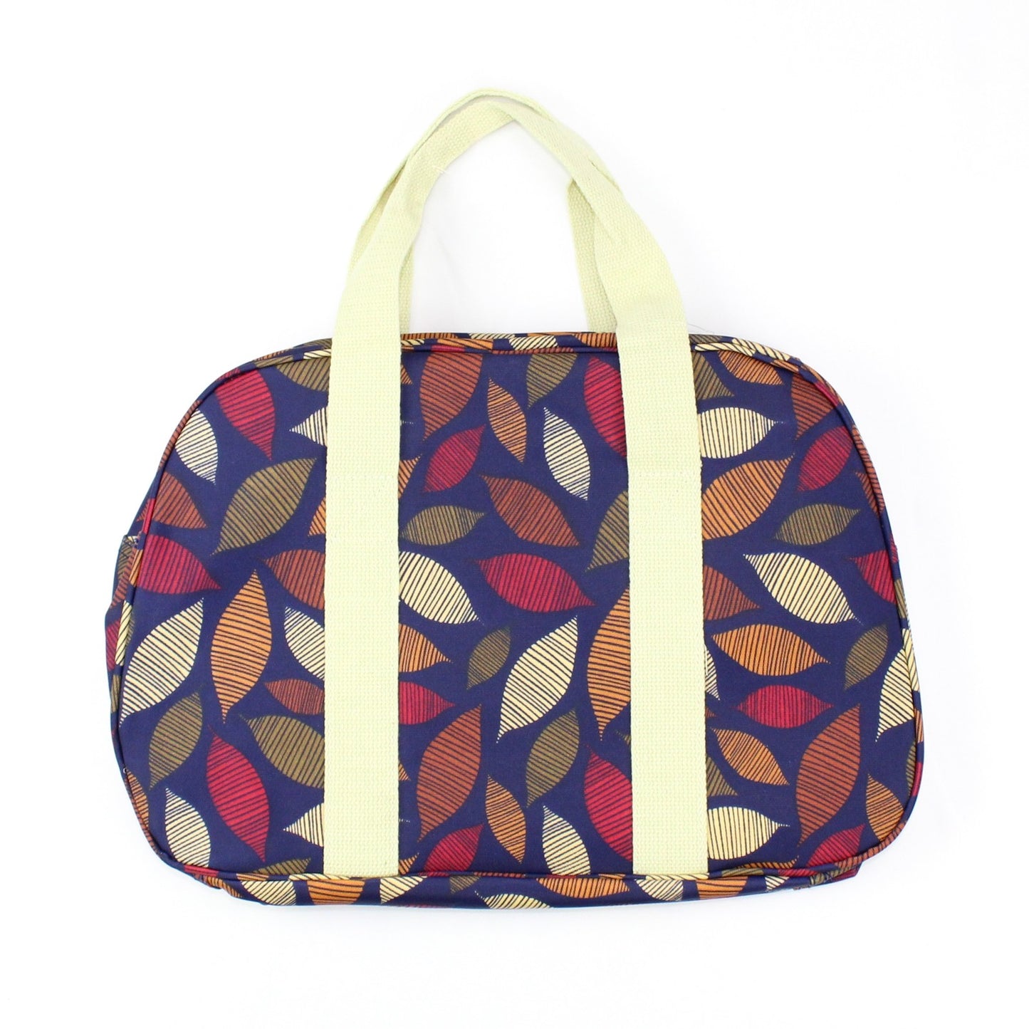 Autumn seasonal leaf print weekend bag, on a solid dark blue coloured background.