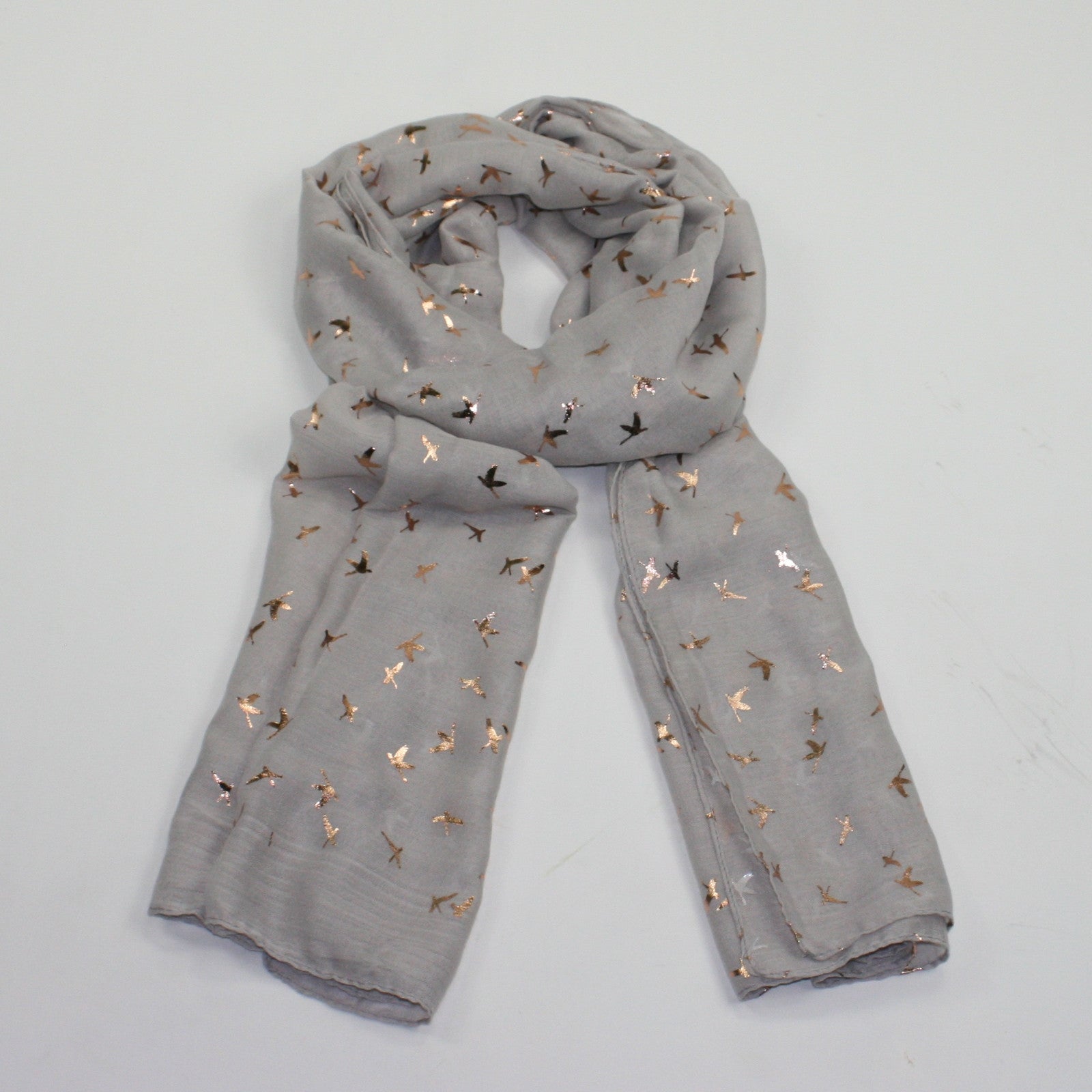 grey scarf finely detailed rose gold flying swan design