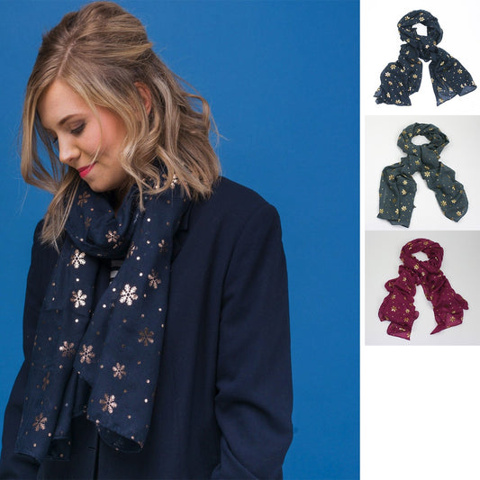 Delicate snowflake foil print scarf, finished with a rolled edge.